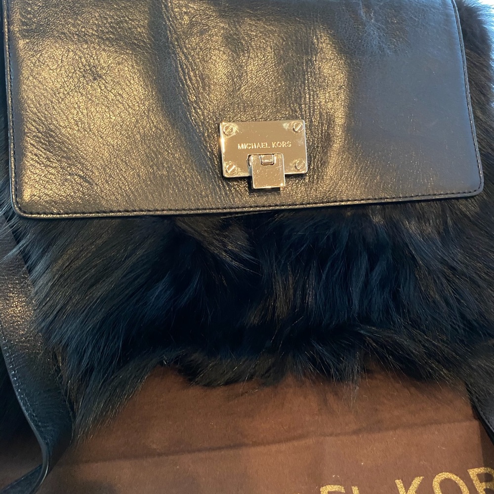 MK Jet Black Fox Fur/Black Leather Flat Crossbody - Picture 3 of 8